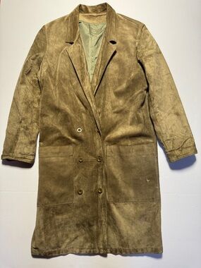 VINTAGE Graham Crewe Olive Green/ Brown Suede Double-Breasted Long‎ Line Coat M